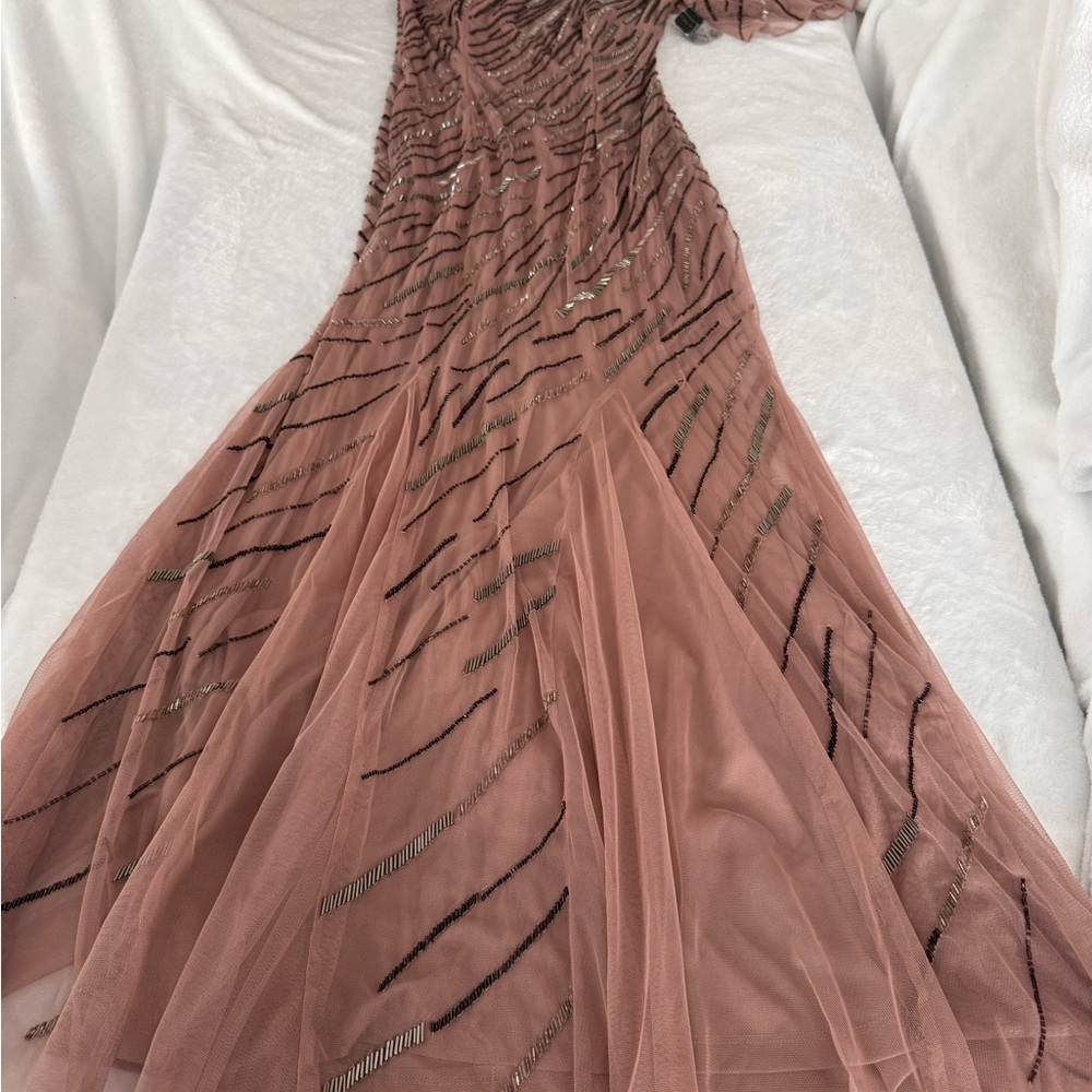 New Venus Dusty Rose Colored One Shoulder Intricate Beading Sheer Evening Gown 2 - Picture 2 of 10